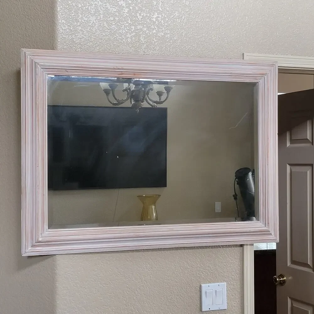Large Pottery Barn Wall Mirror Whitewashed Mango Wood Farmhouse Coastal Decor